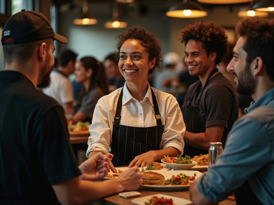 Diverse restaurant team members in collaborative setting or service moment.