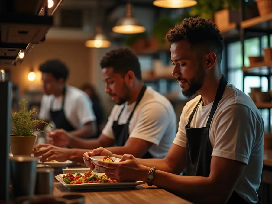 Diverse restaurant team members in collaborative setting or service moment.