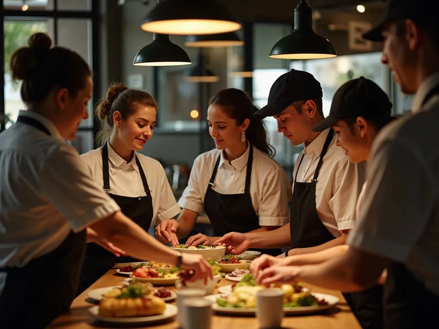 Diverse restaurant team members in collaborative setting or service moment.