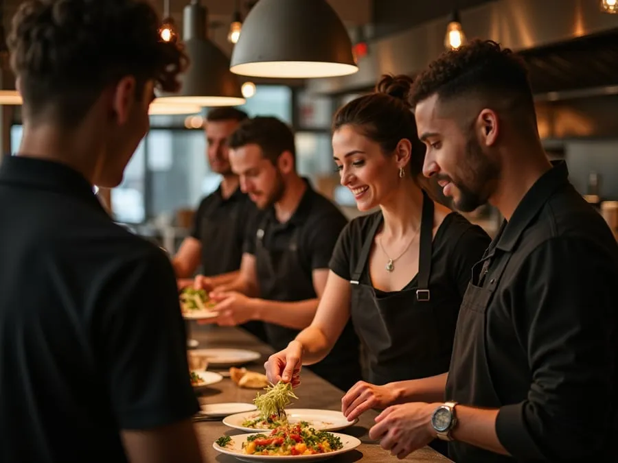 Diverse restaurant team members in collaborative setting or service moment.