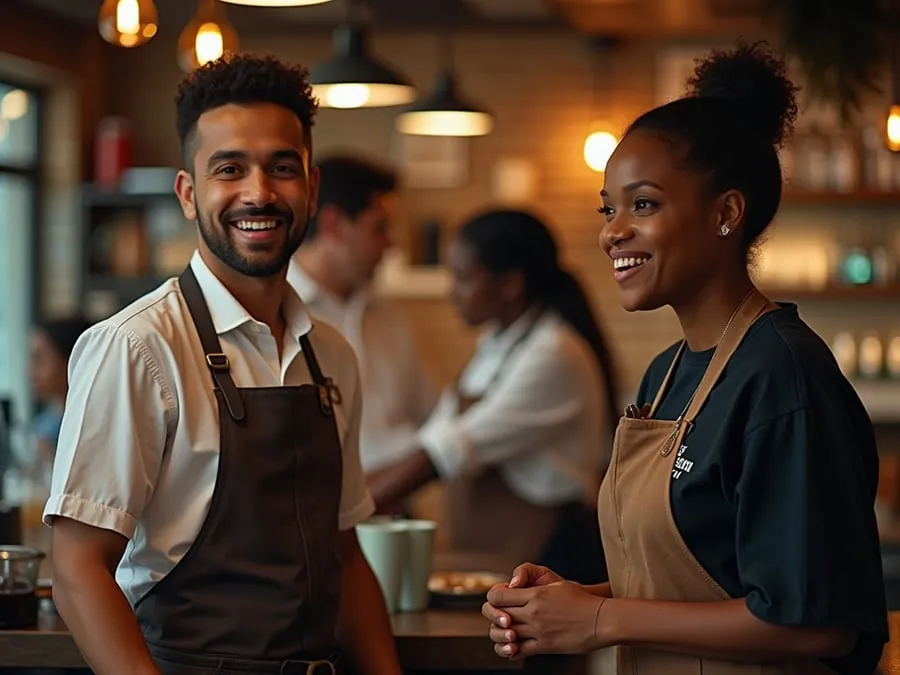 Diverse restaurant team members in collaborative setting or service moment.