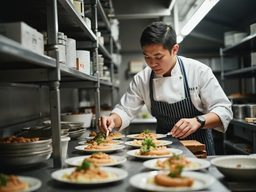 Kitchen team member or chef focused on food preparation or plating.