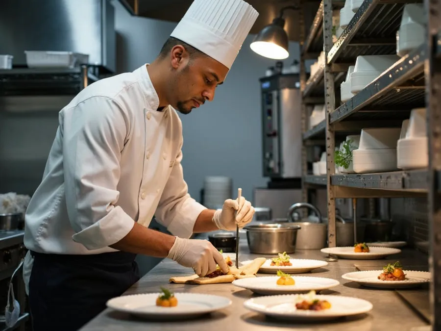 Kitchen team member or chef focused on food preparation or plating.