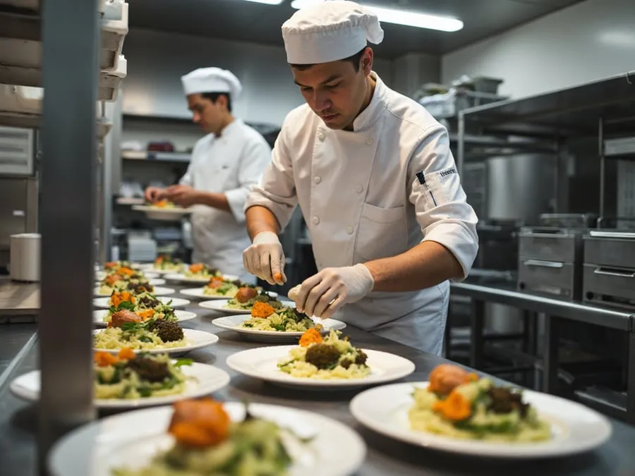 Kitchen team member or chef focused on food preparation or plating.