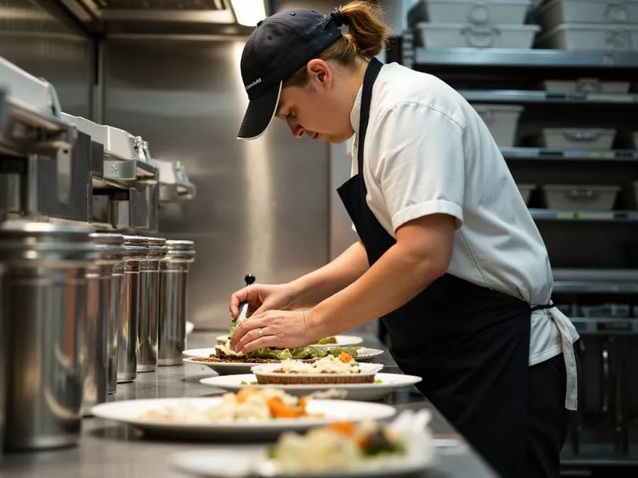 Kitchen team member or chef focused on food preparation or plating.