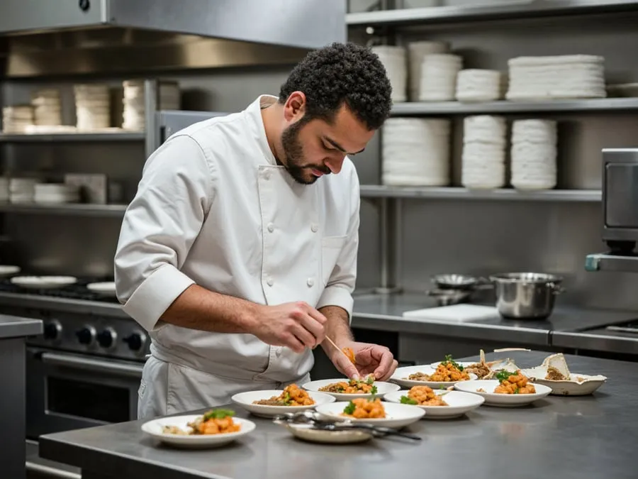 Kitchen team member or chef focused on food preparation or plating.