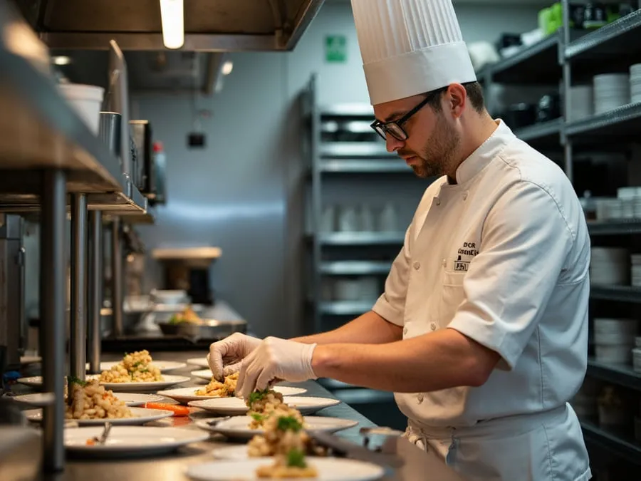 Kitchen team member or chef focused on food preparation or plating.