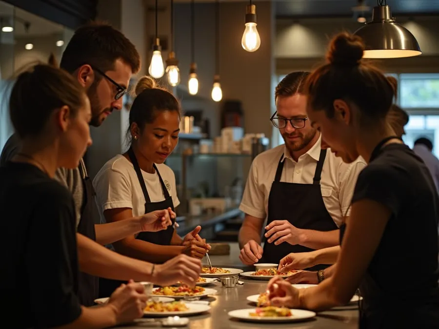Diverse restaurant team members in collaborative setting or service moment.