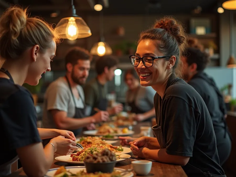 Diverse restaurant team members in collaborative setting or service moment.
