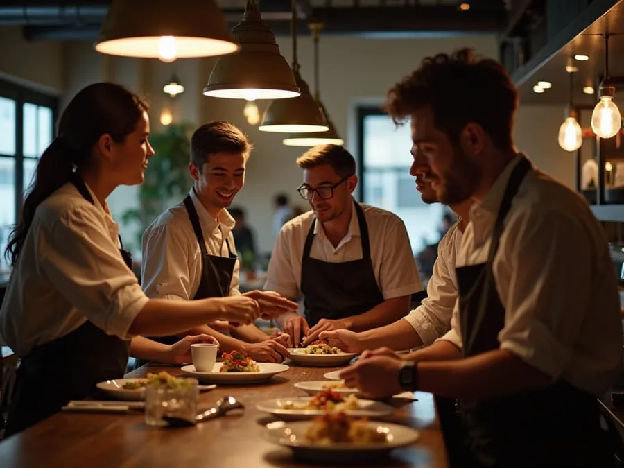 Diverse restaurant team members in collaborative setting or service moment.