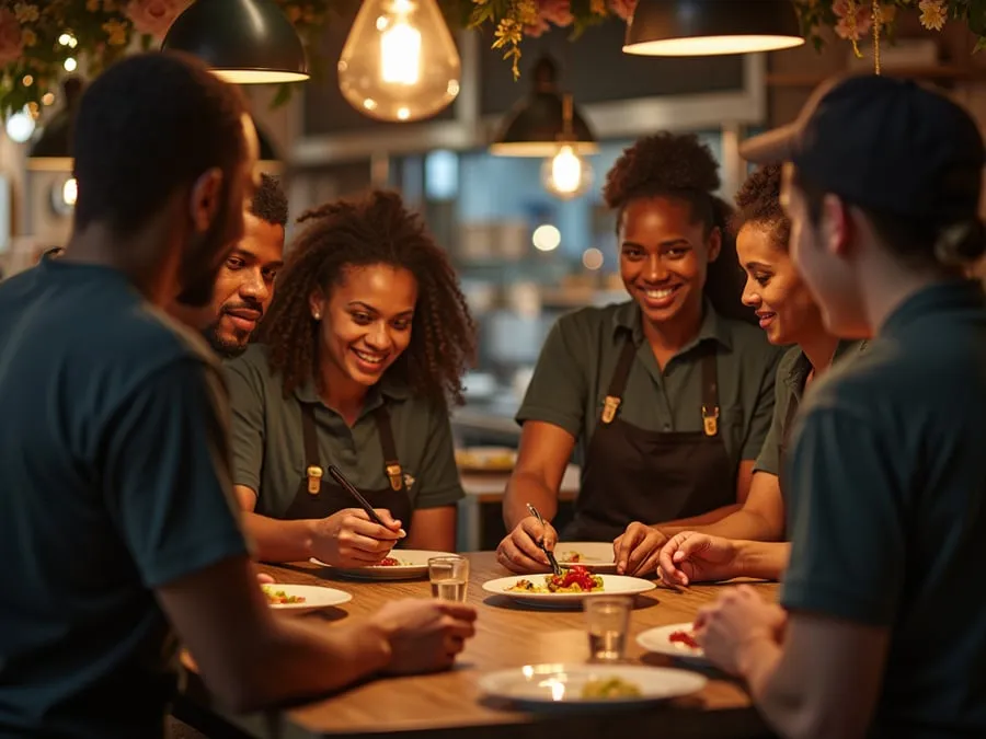 Diverse restaurant team members in collaborative setting or service moment.