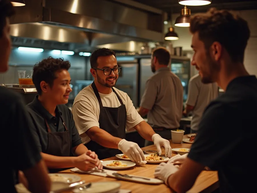 Diverse restaurant team members in collaborative setting or service moment.