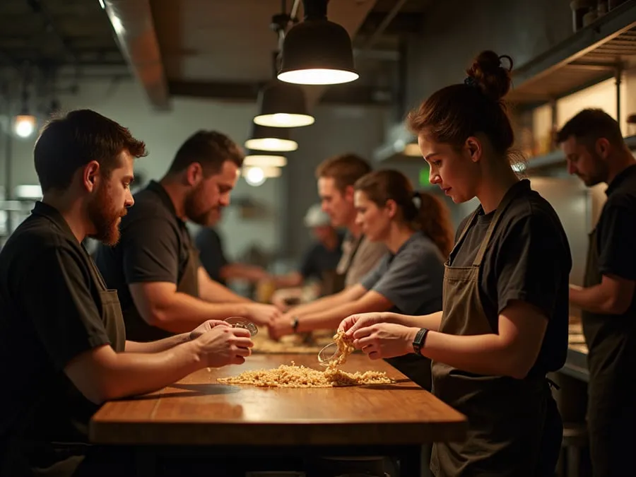 Diverse restaurant team members in collaborative setting or service moment.