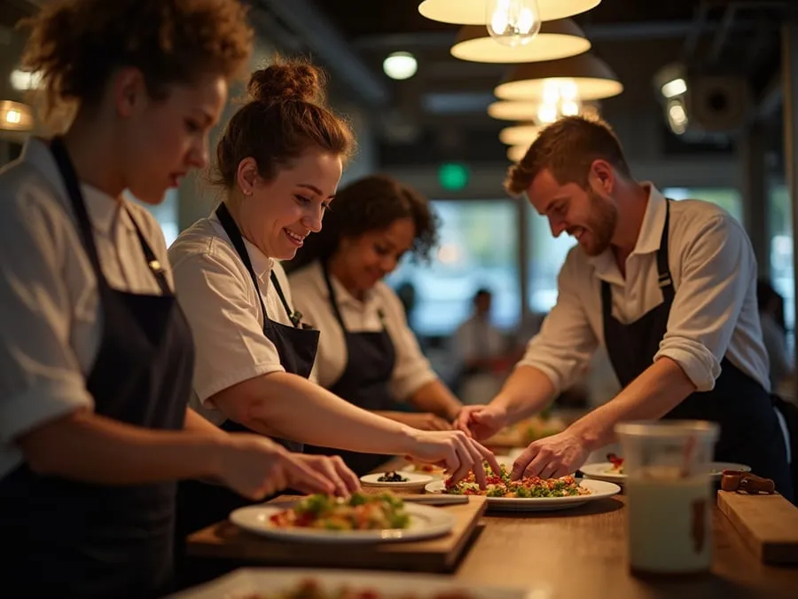 Diverse restaurant team members in collaborative setting or service moment.