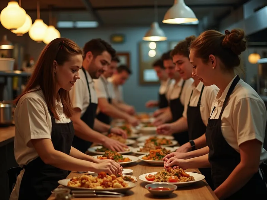 Diverse restaurant team members in collaborative setting or service moment.