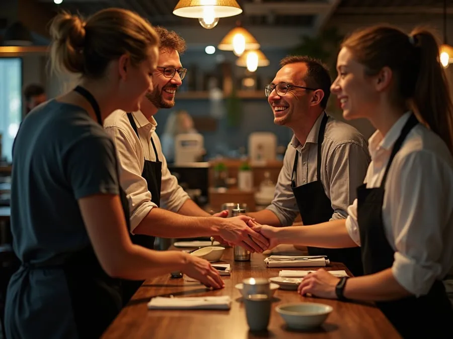 Diverse restaurant team members in collaborative setting or service moment.