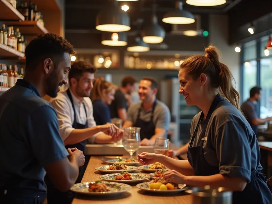 Diverse restaurant team members in collaborative setting or service moment.