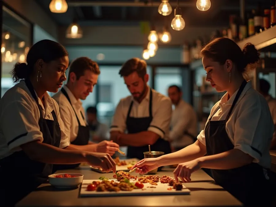 Diverse restaurant team members in collaborative setting or service moment.