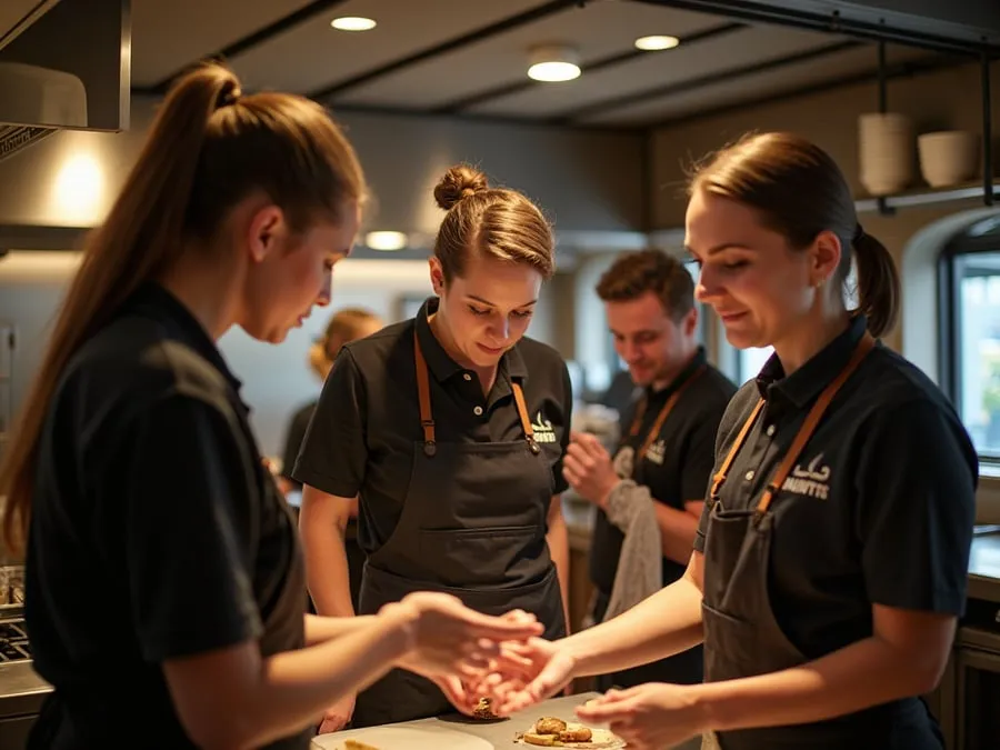 Restaurant team members in branded uniforms or aprons engaged in collaborative w.