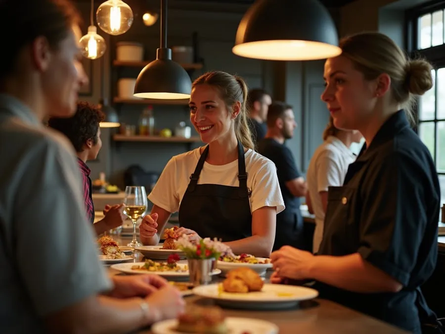 Diverse restaurant team members in collaborative setting or service moment.