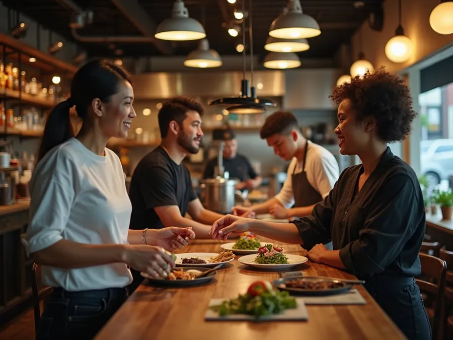 Diverse restaurant team members in collaborative setting or service moment.