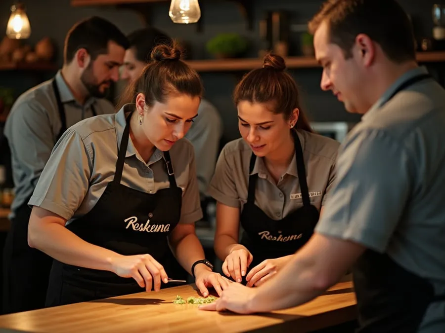 Restaurant team members in branded uniforms or aprons engaged in collaborative w.