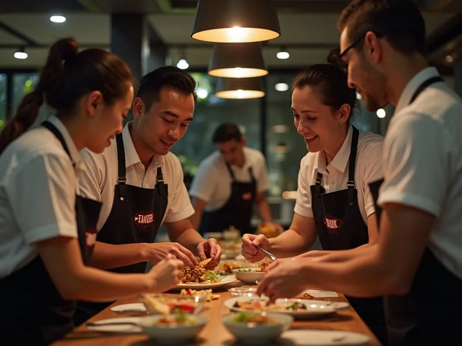 Restaurant team members in branded uniforms or aprons engaged in collaborative w.