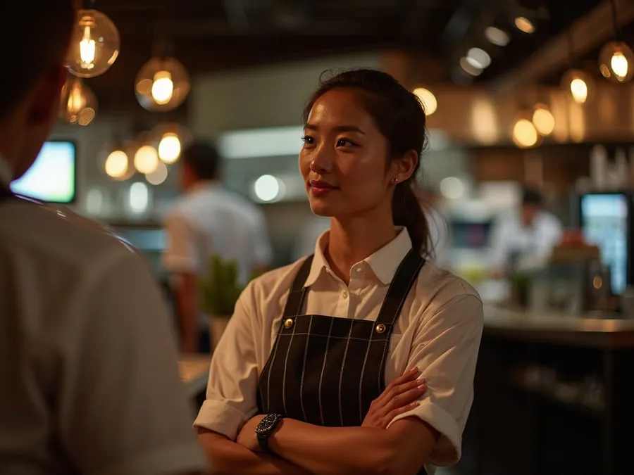 Restaurant team member in professional workplace moment demonstrating restaurant.