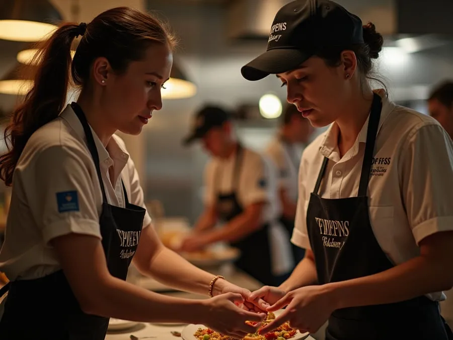 Restaurant team members in branded uniforms or aprons engaged in collaborative w.