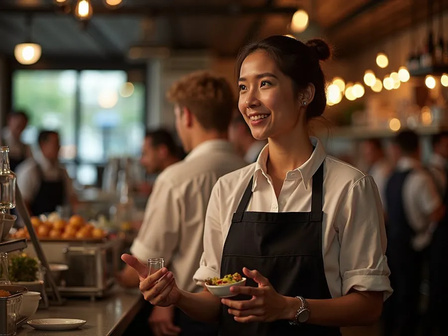 Restaurant team member in professional workplace moment demonstrating restaurant.