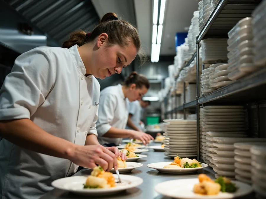 Kitchen team member or chef focused on food preparation or plating.
