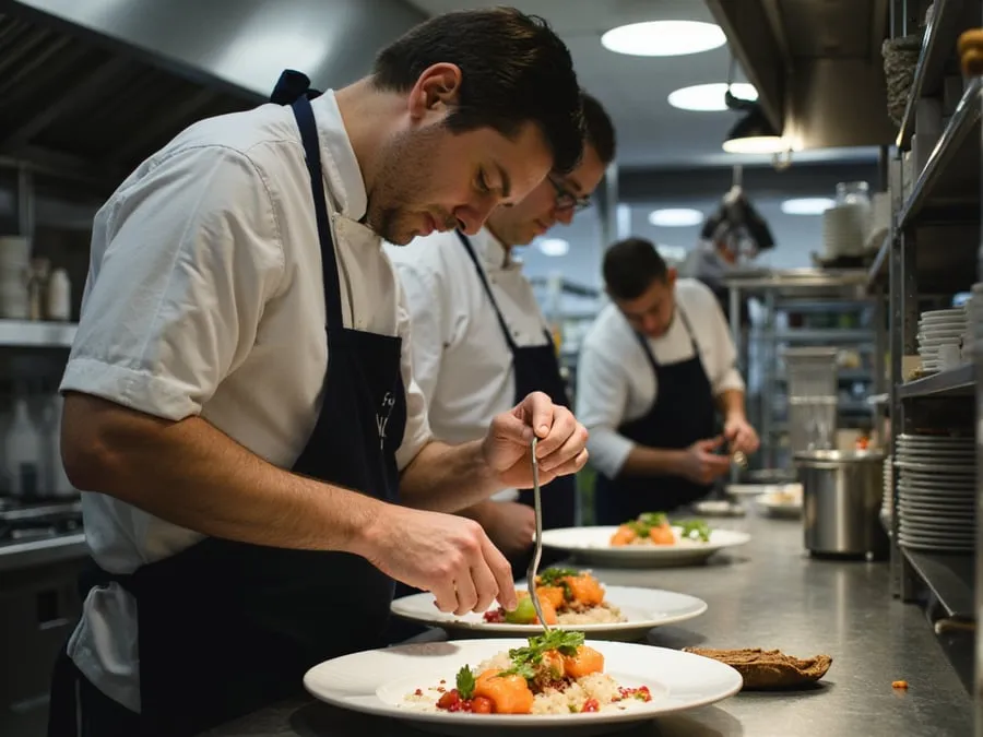 Kitchen team member or chef focused on food preparation or plating.