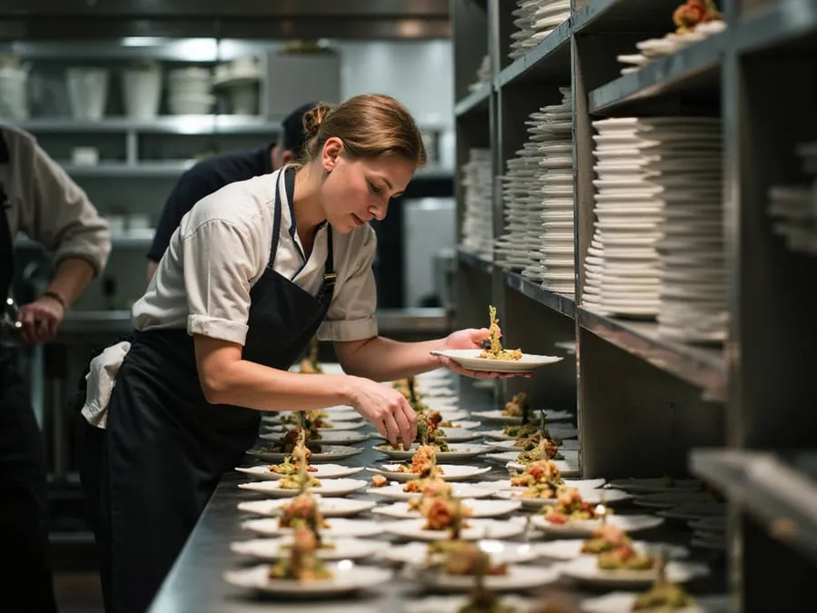 Kitchen team member or chef focused on food preparation or plating.