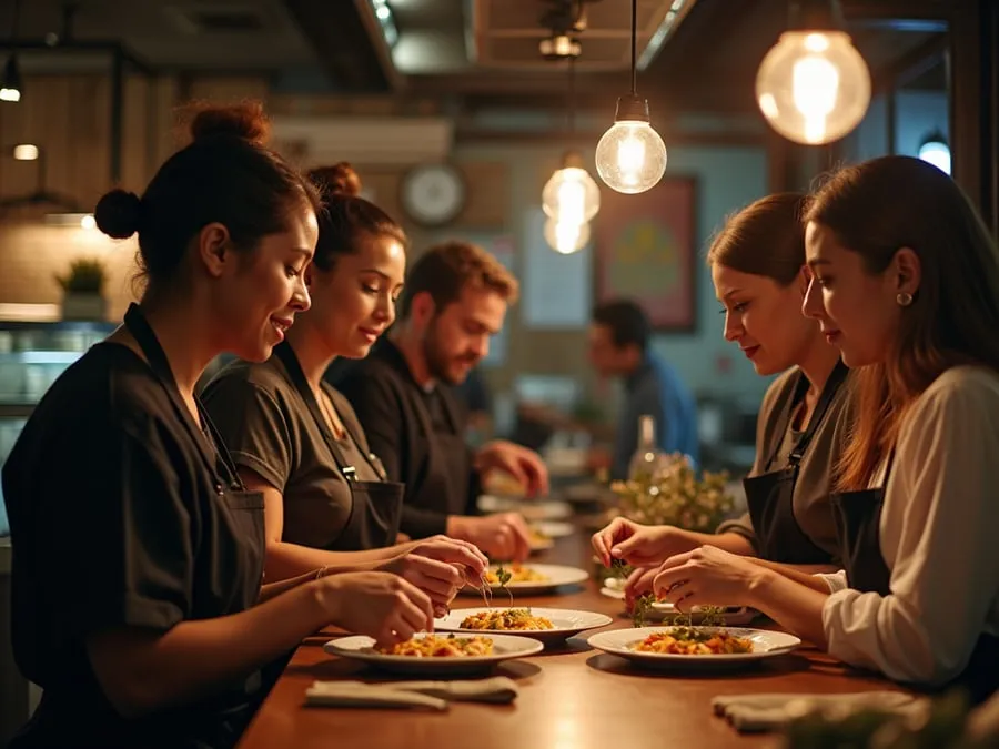 Diverse restaurant team members in collaborative setting or service moment.