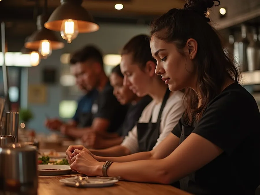 Diverse restaurant team members in collaborative setting or service moment.