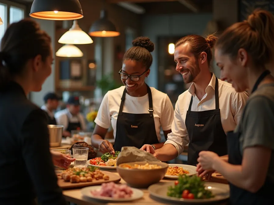 Diverse restaurant team members in collaborative setting or service moment.