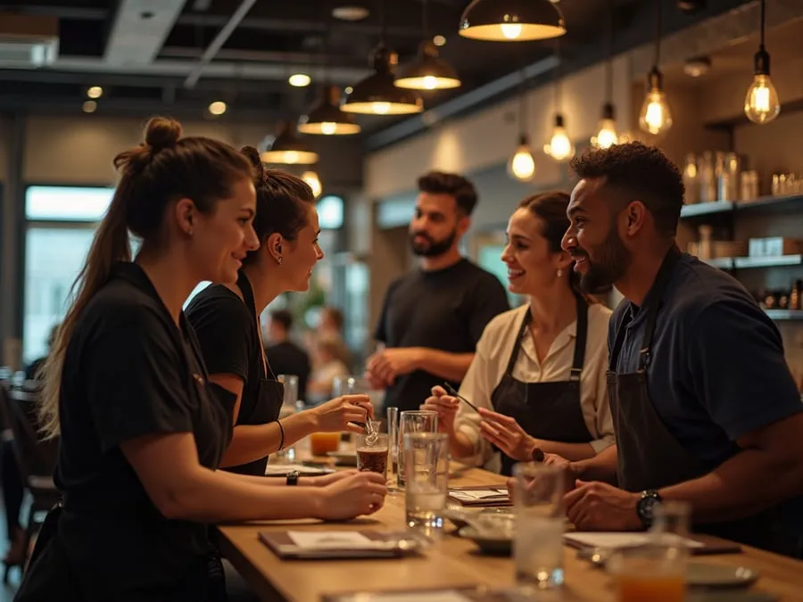 Diverse restaurant team members in collaborative setting or service moment.