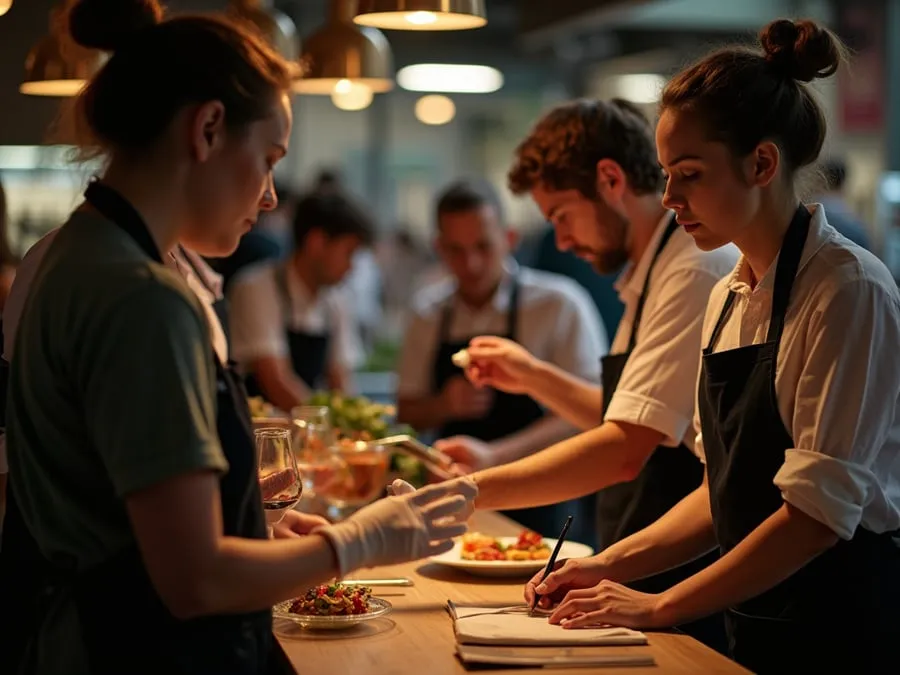 Diverse restaurant team members in collaborative setting or service moment.