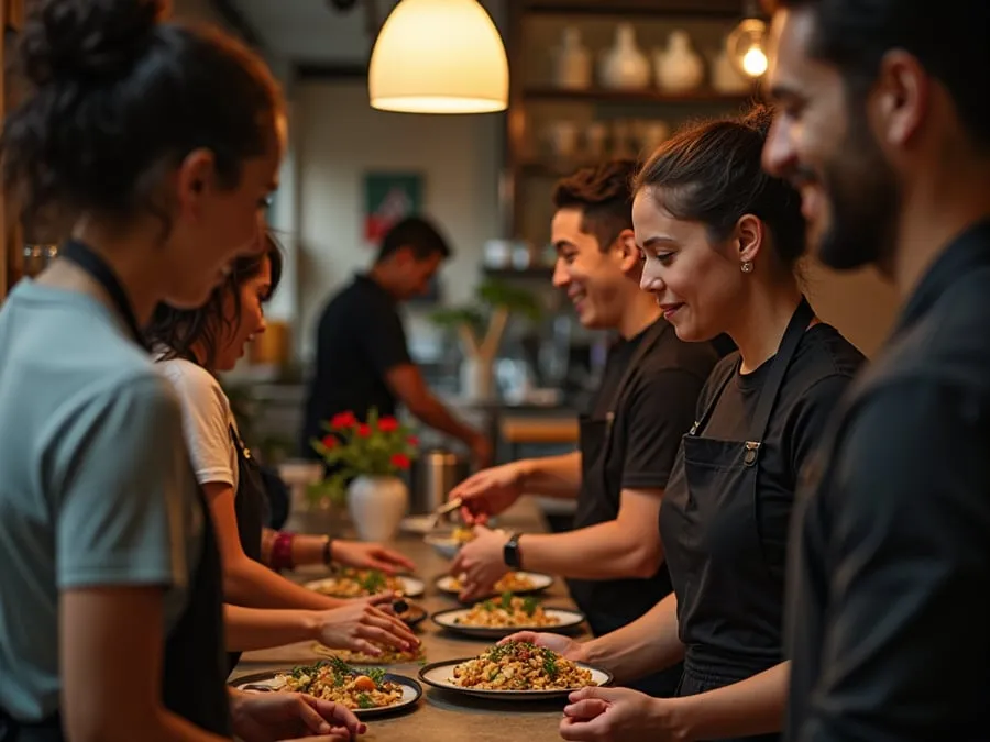 Diverse restaurant team members in collaborative setting or service moment.