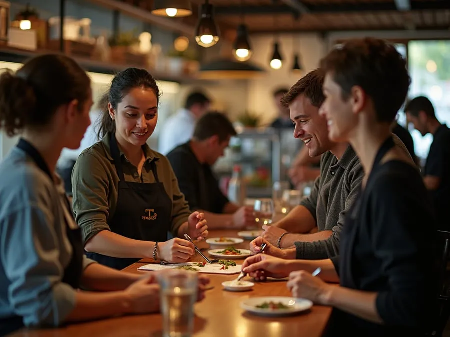 Diverse restaurant team members in collaborative setting or service moment.
