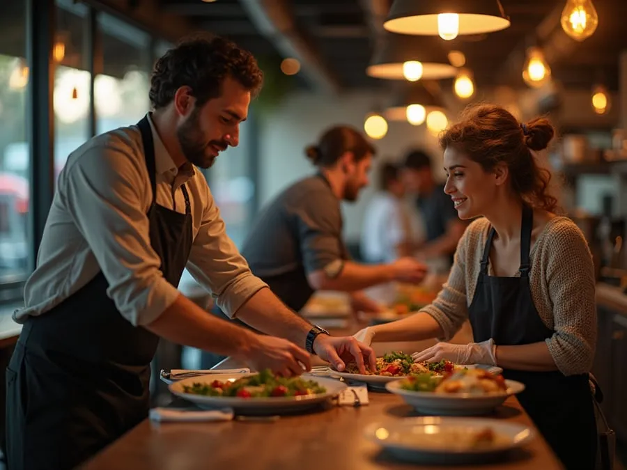 Diverse restaurant team members in collaborative setting or service moment.