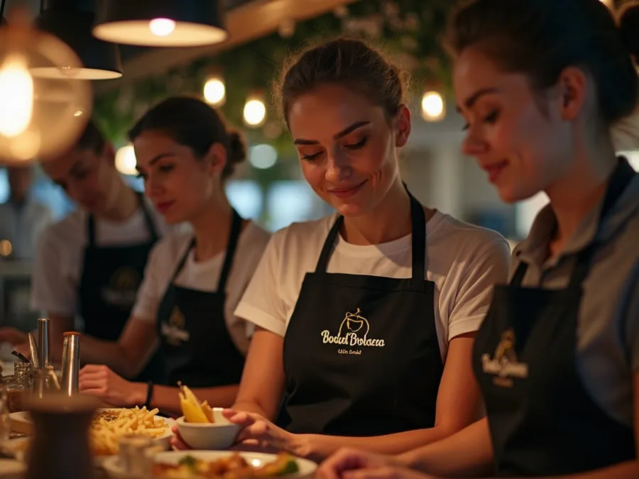Restaurant team members in branded uniforms or aprons engaged in collaborative w.