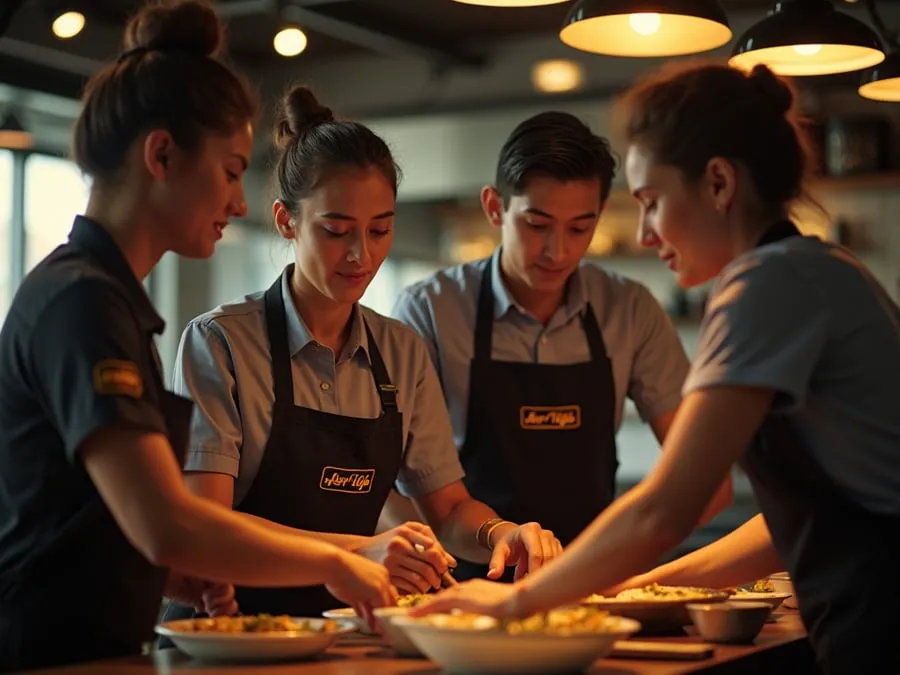Restaurant team members in branded uniforms or aprons engaged in collaborative w.