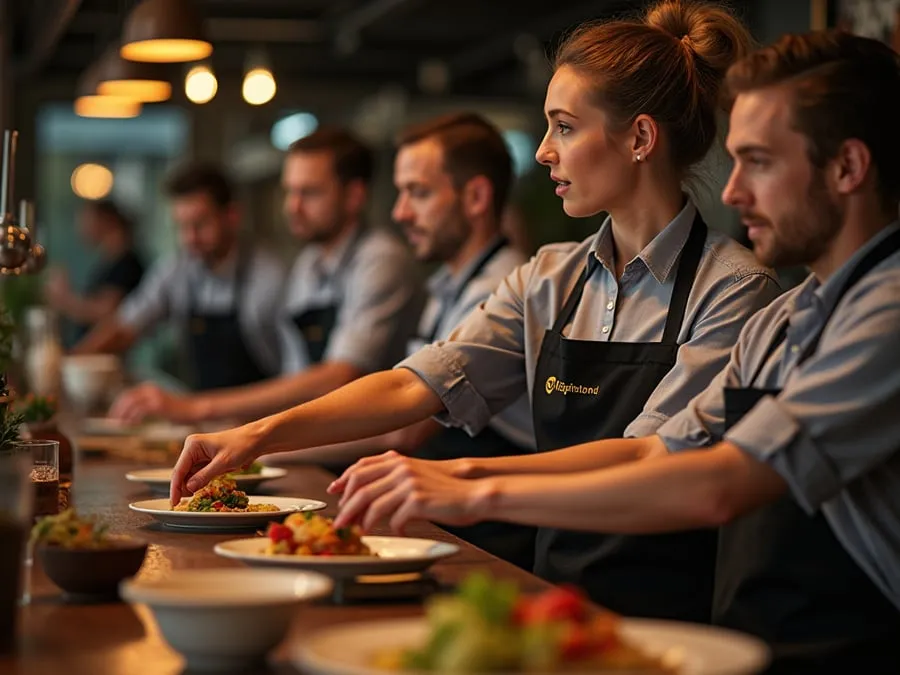 Restaurant team members in branded uniforms or aprons engaged in collaborative w.
