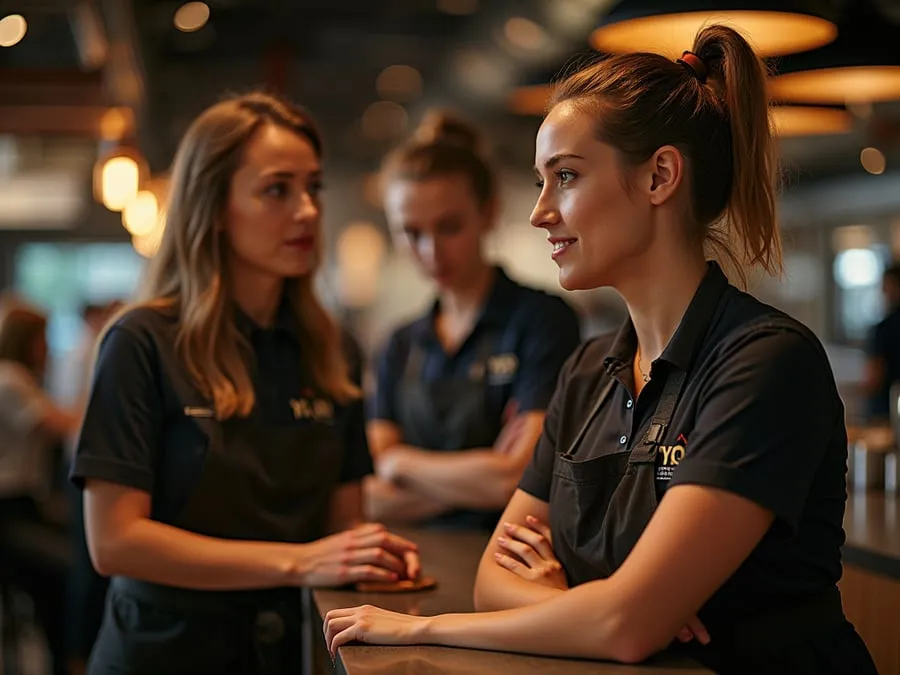 Restaurant team members in branded uniforms or aprons engaged in collaborative w.