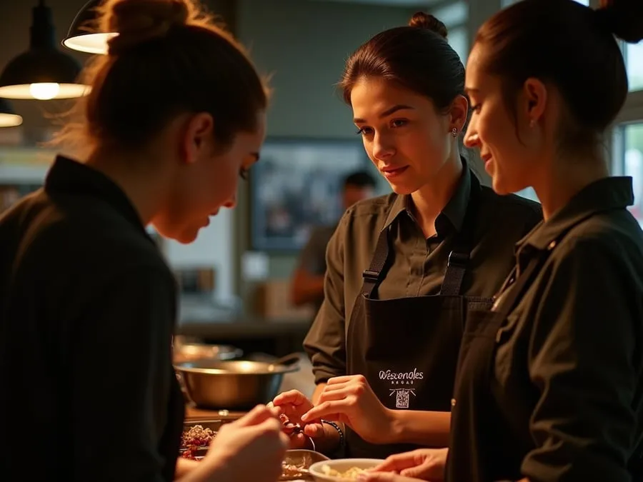 Restaurant team members in branded uniforms or aprons engaged in collaborative w.