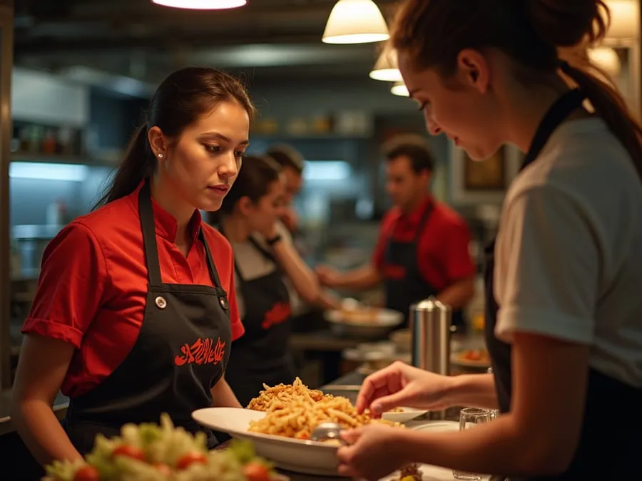 Restaurant team members in branded uniforms or aprons engaged in collaborative w.