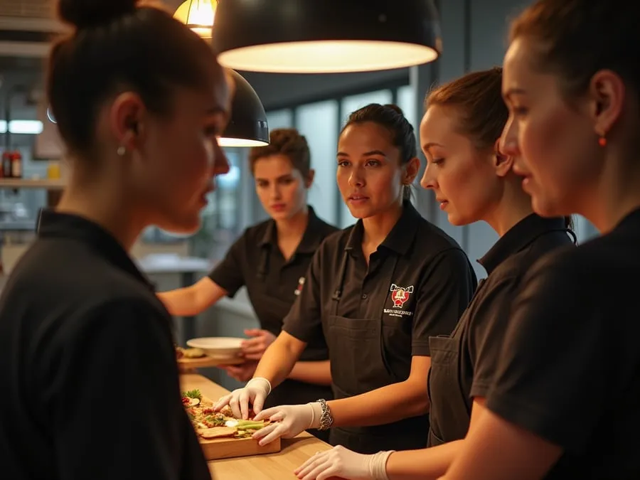 Restaurant team members in branded uniforms or aprons engaged in collaborative w.