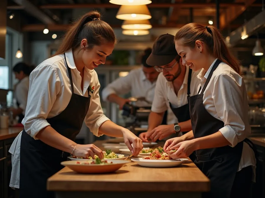 Diverse restaurant team members in collaborative setting or service moment.