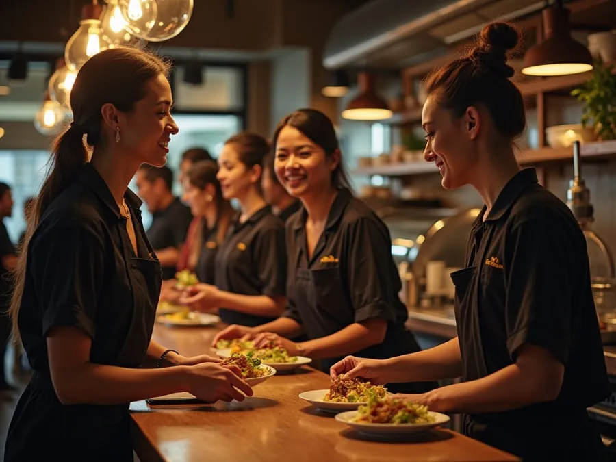 Diverse restaurant team members in collaborative setting or service moment.